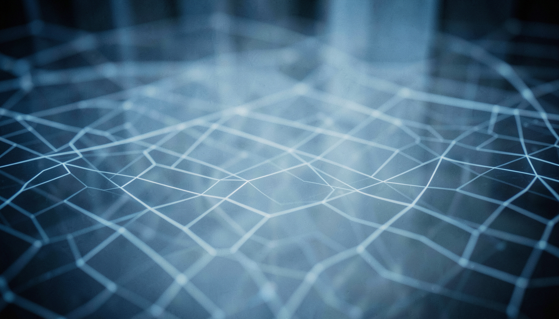 A cinematic wide frame with shallow depth of field depicting layered translucent geometric grids in soft blue-gray tones suggesting a network map