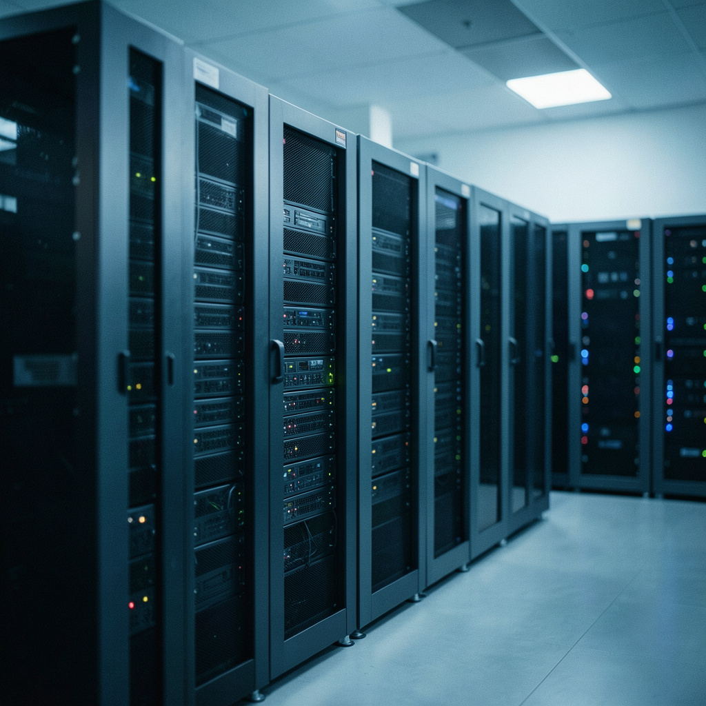 A cinematic wide shot with shallow depth of field depicting a softly lit cluster of server racks in muted slate-blue and charcoal tones