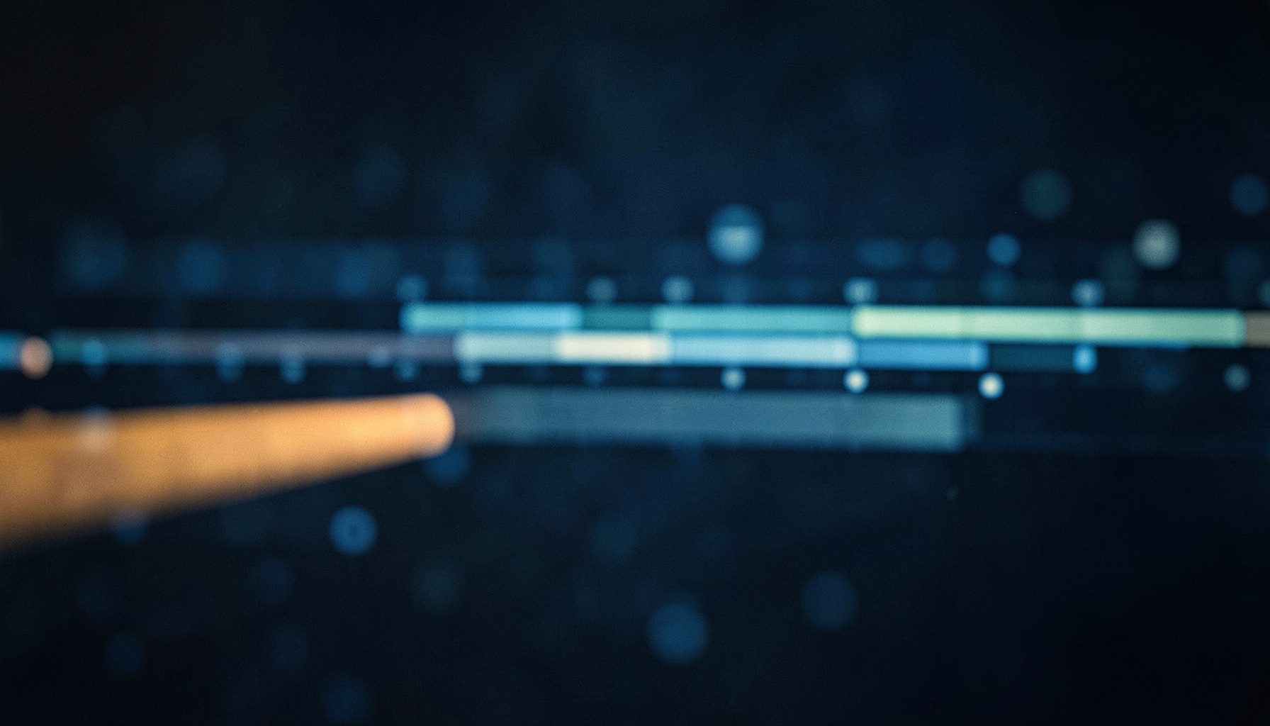 A cinematic wide frame with shallow depth of field showing a timeline visualization with soft amber and slate-blue bars on a dark background