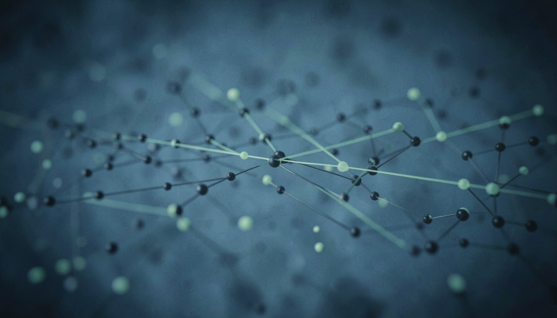 A cinematic wide frame with shallow depth of field depicting abstract node-link diagrams in muted charcoal and soft green tones