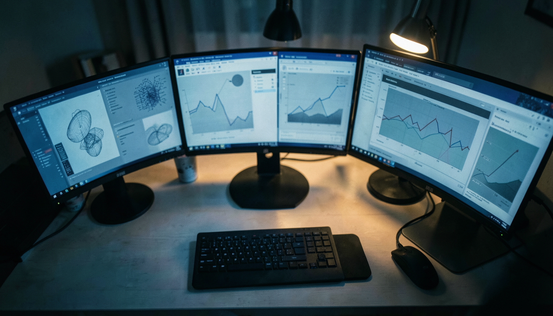 Overhead view of a modern workstation desk with multiple monitors displaying abstract data visualizations and performance metrics