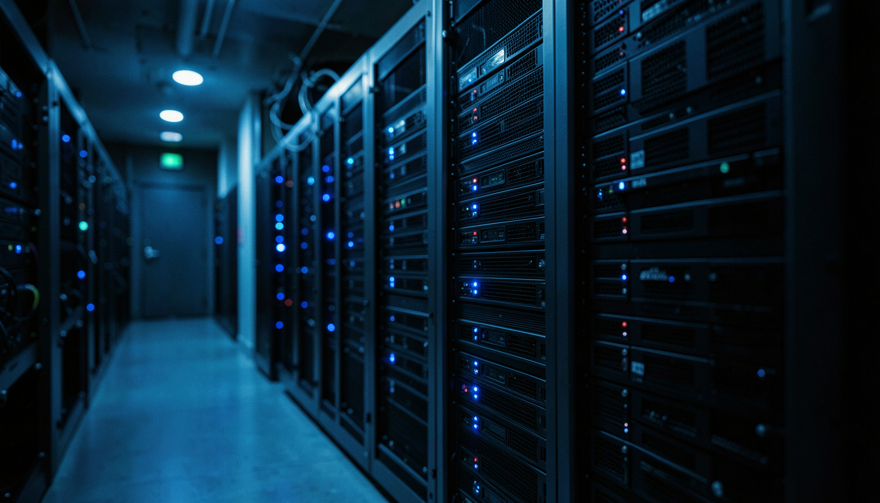 Wide cinematic frame of a dim server room with rows of rack-mounted compute nodes, cool blue indicator lights glowing softly