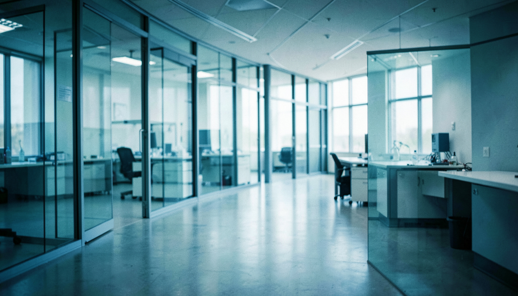 Wide-angle view of a modern research facility interior with soft natural light, glass partitions, and muted blue-gray tones