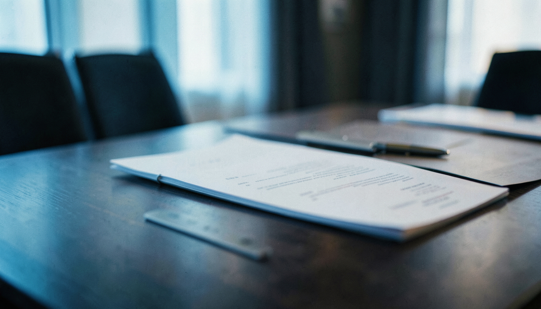 A softly lit close-up of a polished conference table with a few neatly arranged documents and a pen, warm muted blues and grays